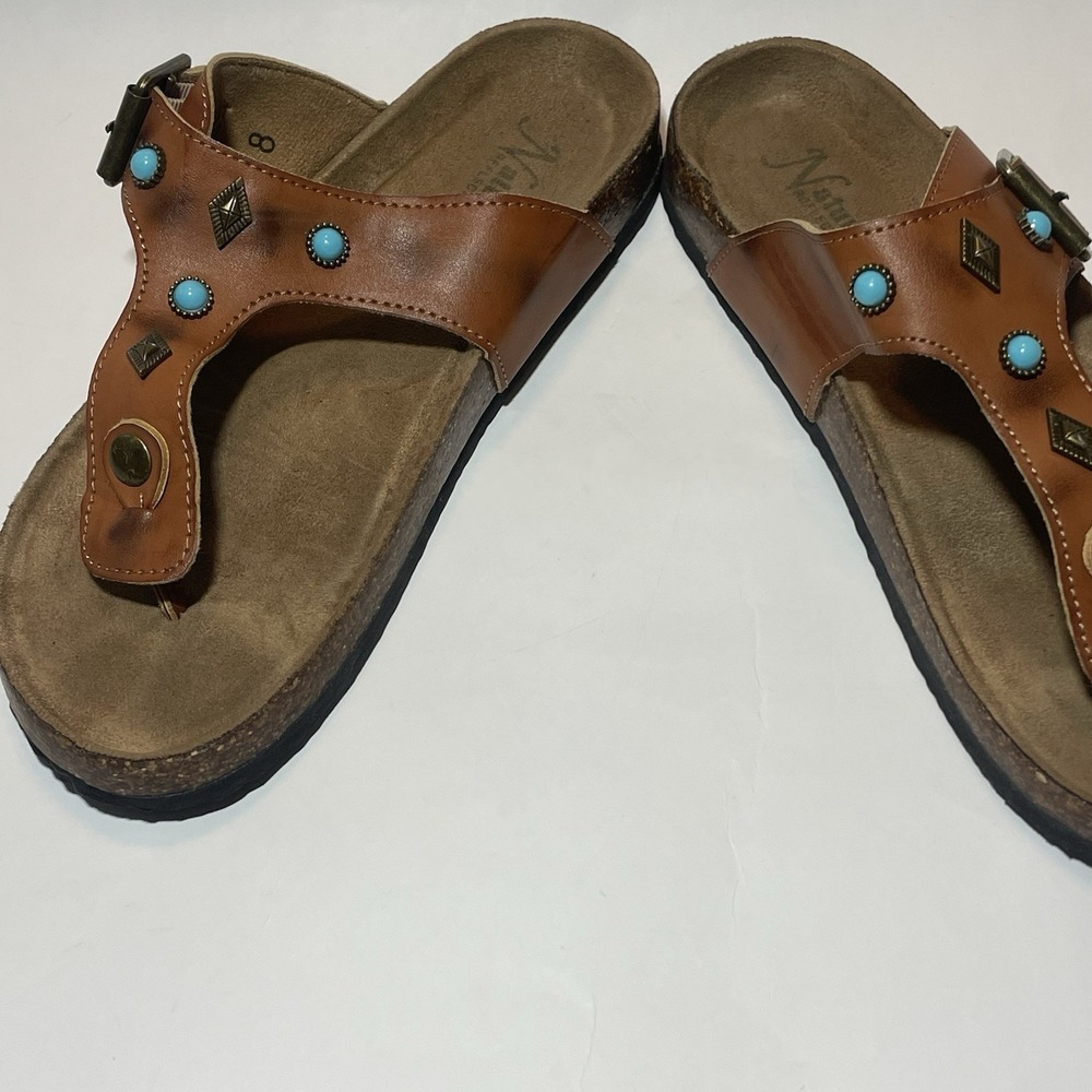 Womens Cognac Studded Turquoise Sandals Size 8